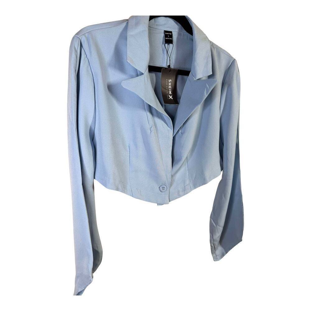 New With Tags Light Blue Crop Flare Sleeve Single Button Jacket Shien X Size L - Picture 6 of 11